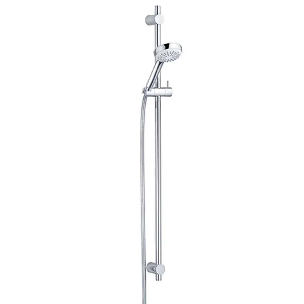 Brause-Set von Kludi mit einem verchromten, geraden Metallwandstangensystem und einem Duschkopf, der an einem flexiblen Schlauch befestigt ist.
